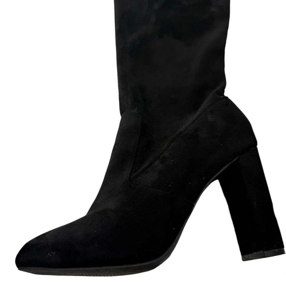 Black Faux Suede Over-the-Knee Block Heel Boots Zipper & Adjustable Tie Thighs